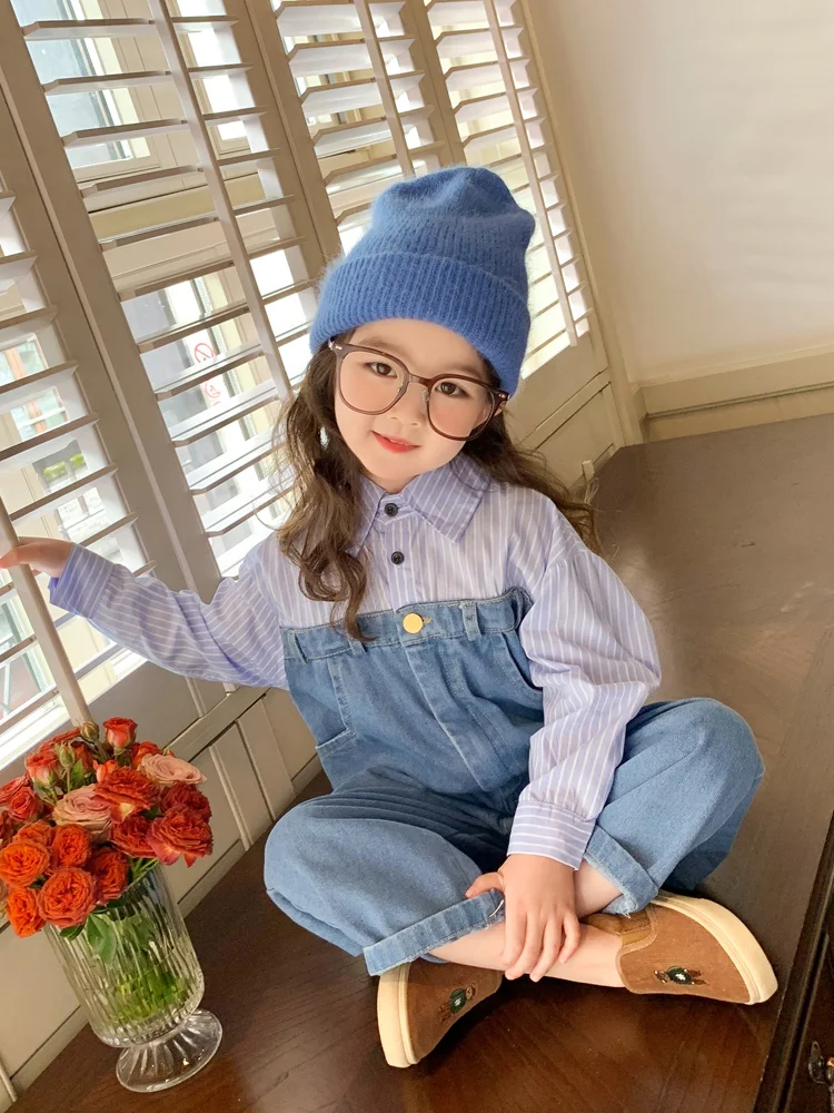 Boys Girls Denim Jumpsuit Spring Autumn Long Sleeve Striped Shirt Patchwork Jean Romper Children Loose Casual Overalls