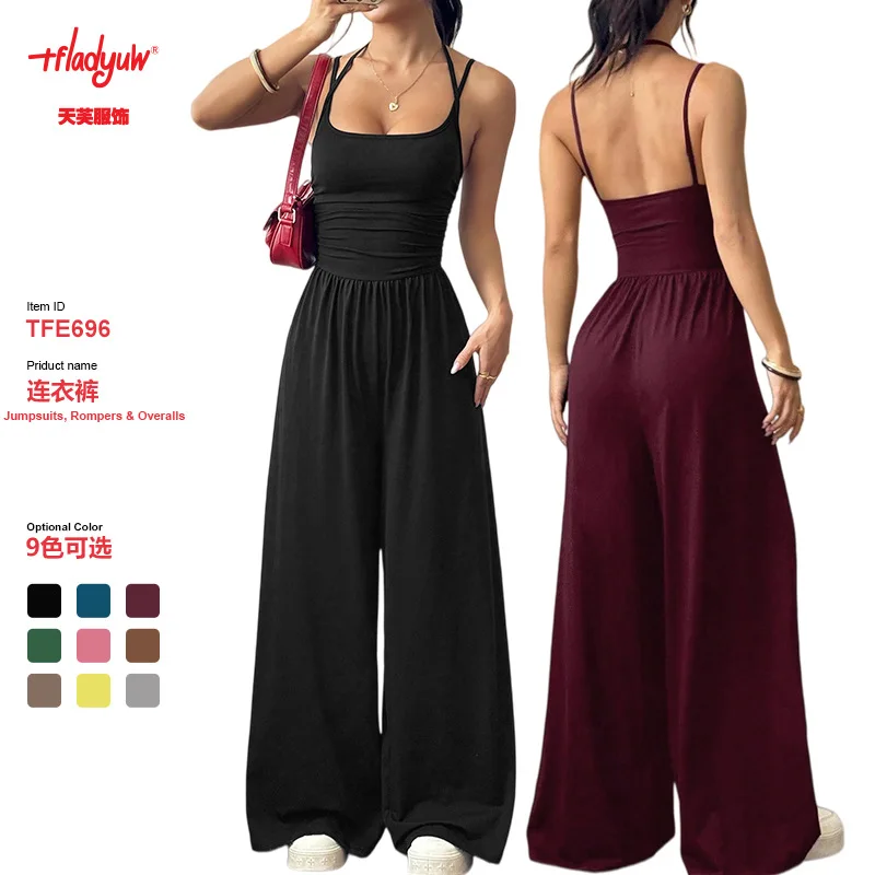 Summer Casual Women's Black Adjustable Strap Wide Leg Backless  Jumpsuit Loose Fit
