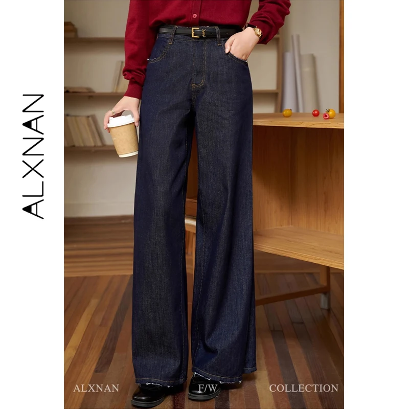 ALXNAN Women's Jeans Dark Blue Vintage Wide-leg High-waist Buggy Denim Pants 2025 Fall Cotton Elegant Straight Trousers L39858