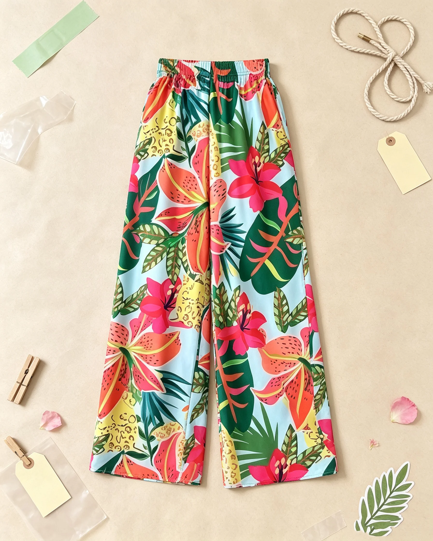Women's Floral Tropical Wide Leg Pants Casual Comfortable Loose Fit Vacation Wear with Elastic Waist 2026