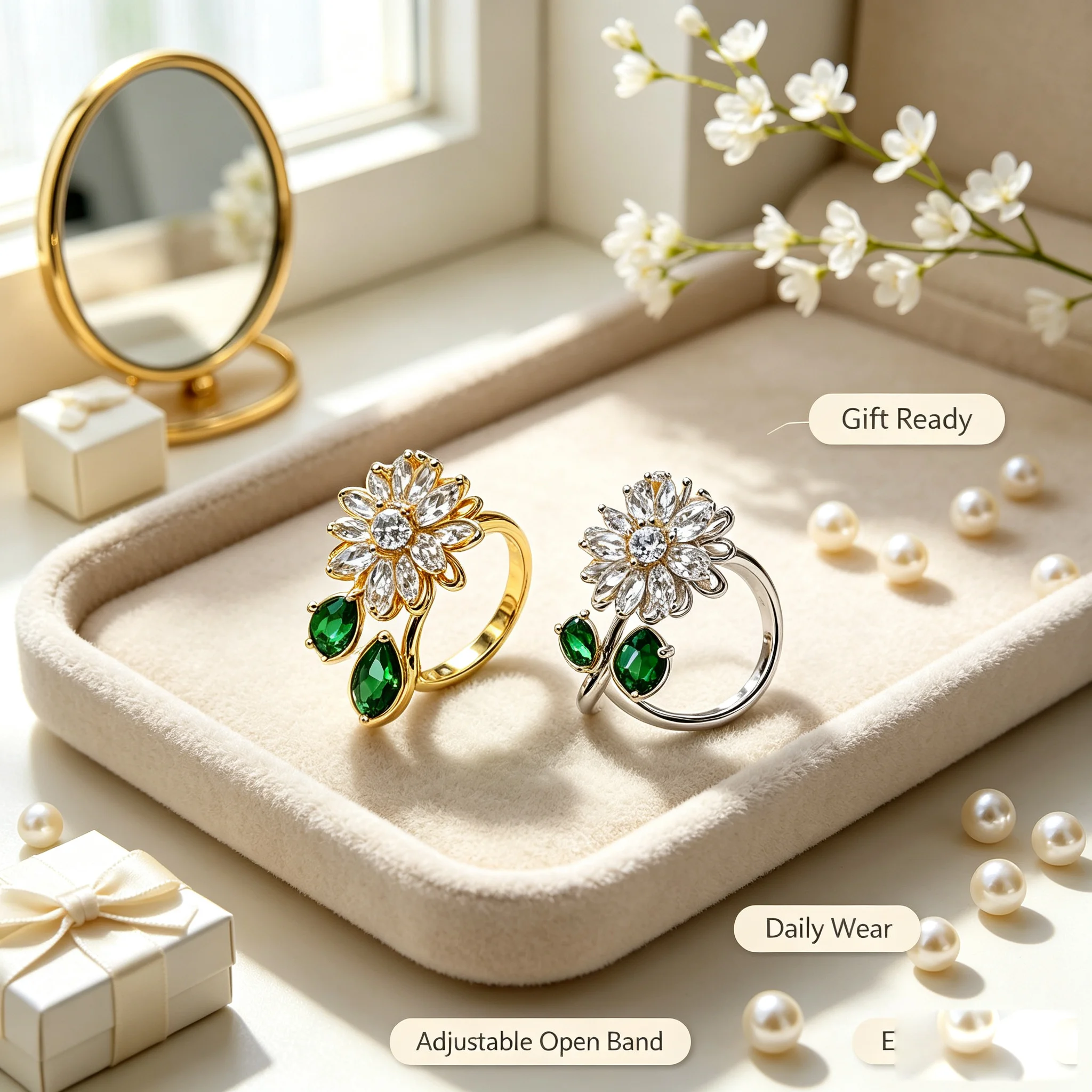 Dainty Flower Emerald Adjustable Open Ring Office Daily Outfit Jewelry Wedding Anniversary Presents For Ladies Valentine's Day