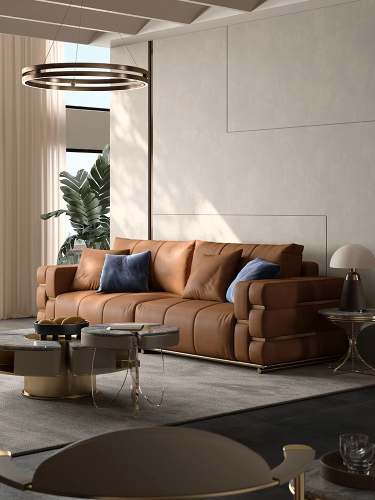 Leather sofa villa large living room furniture designer high-end new straight sofa combination