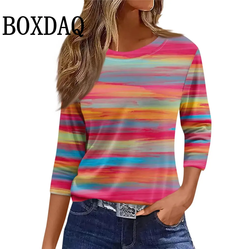 Rainbow Gradient Stripes Fashion Women T Shirts Casual Long Sleeve O-Neck Loose Tops Casual Daily Wear 2024 Autumn Women T-Shirt