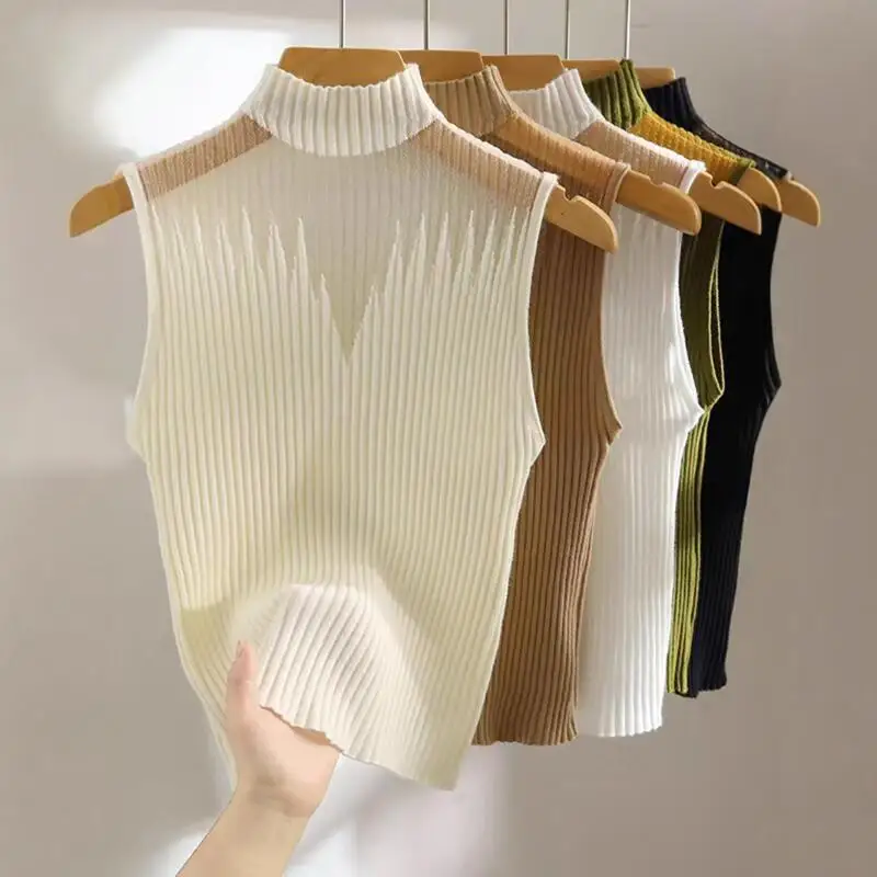 Spring Autumn New Women Thin Sleeveless Stand Collar Knitted Shirt Light Luxury High End Elegant Fashion Casual Vest Tshirt Tops
