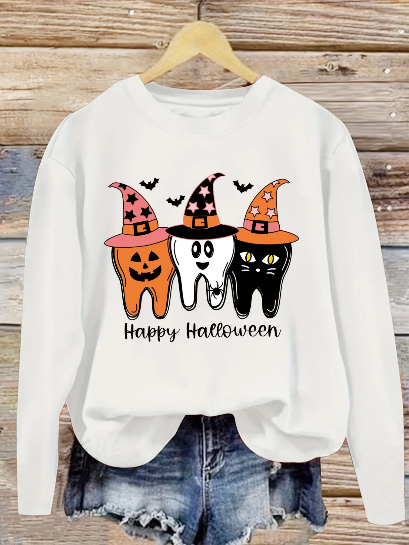 Women's Casual Long Sleeve Crew Neck T-Shirt Happy Halloween Tooth Witch Hats Design, Round Neck Women's Clothing, Machine Washable, Slightly Elastic, Loose Fit, Spring Autumn Winter Women's T-Shirt, Halloween Costume Outfit view 5