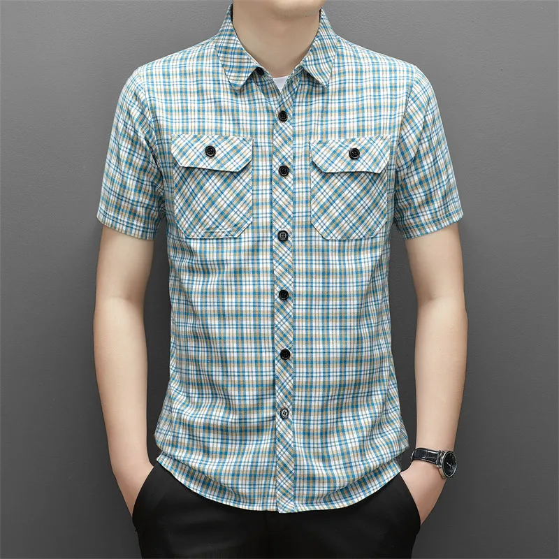 Summer New Short Sleeved Workwear Shirt, Men\'s Slim Fit Plaid Striped Button Pocket, Flip Collar, Summer Casual Fashion Shirt