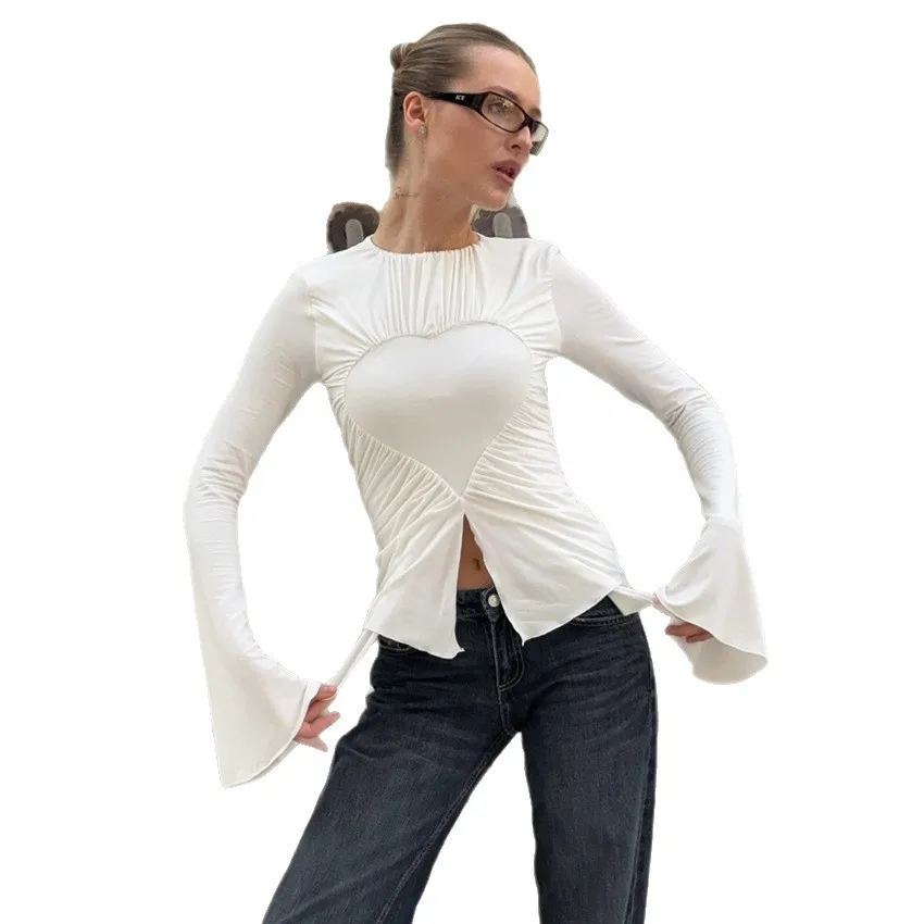 Women's Long-sleeve Blouse Crop White Flared Round Neck Blouses Black Ruffle Solid Color Top Heart Shape Cutout Ruched Detail - view 4