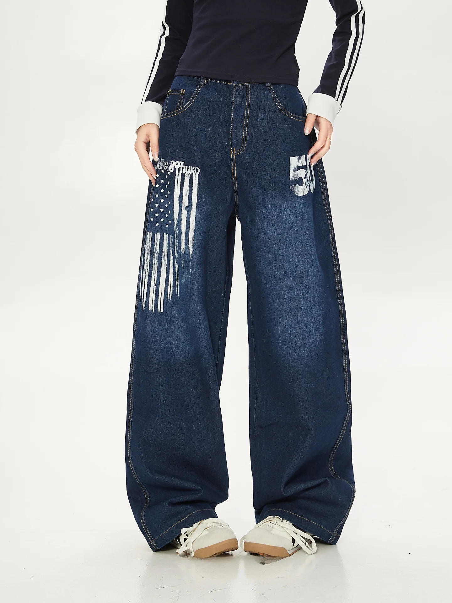 

Retro American Deep Blue Jeans Women's Loose Straight Leg Casual High Street Sle adu Digital Print Wide Leg l Waist