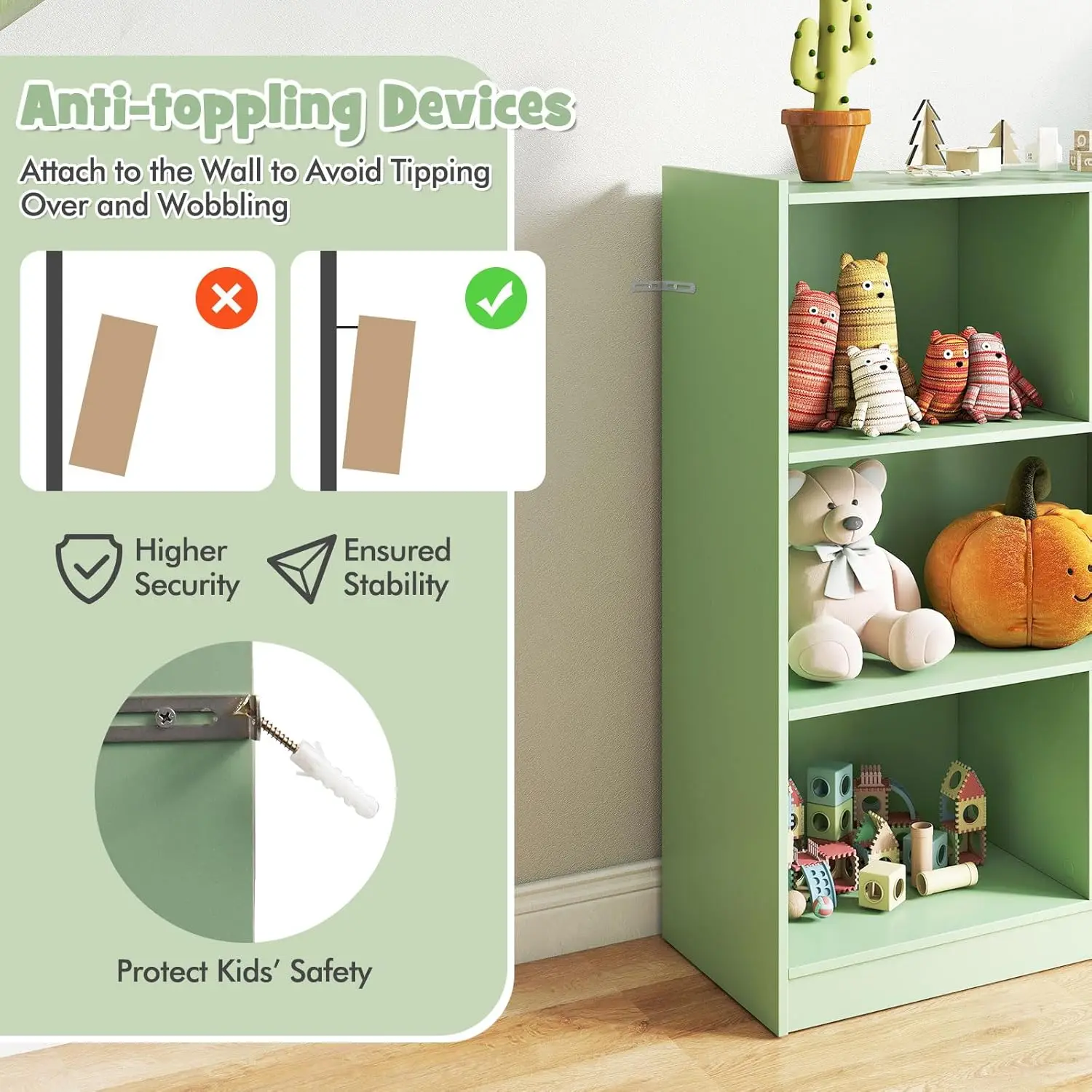 Kids Toy Storage Organizer, 8-Section 3-Tier Wooden Book Shelf for Preschool, Playroom & Nursery (Green)