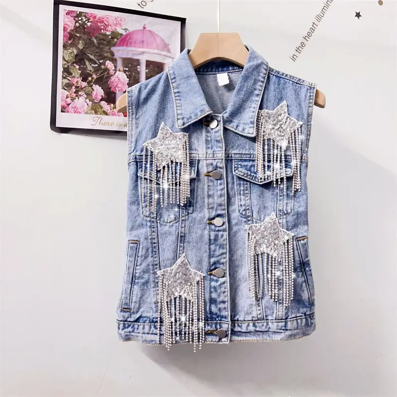 Spring Summer Women Diamonds Chain Tassels Stars Embroidery Sequined Denim Vest Fringed Beaded Jeans Waistcoat Cowboy Tank Tops