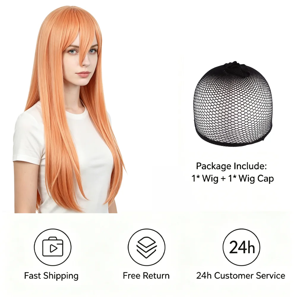 #350 Light Ginger Orange Wig 37 Inch Long Straight Wig with Side Bangs Heat Resistant Synthetic Full Wig For Cosplay Daily Party