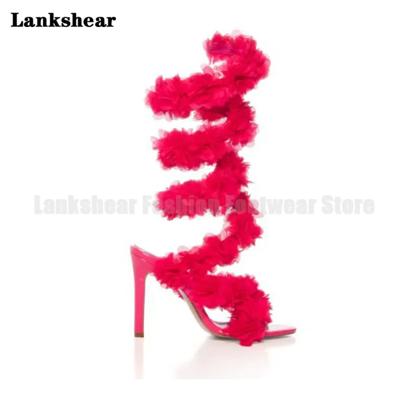 

Fur Snake-Shaped Winding Stiletto Ankle Sandals Open-Toed One-Word Pumps Women's Large Size Luxury Bride Wedding Ankle Sandals