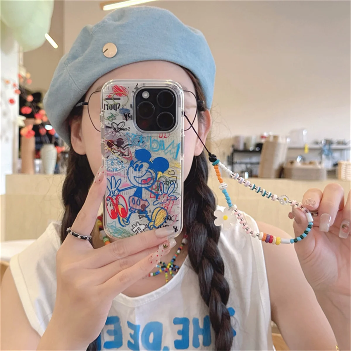 おもしろ可愛い落書きミッキー iPhone 16 Pro 14 13 15 Pro Max用 チェーンペンダント付き耐衝撃ケース
