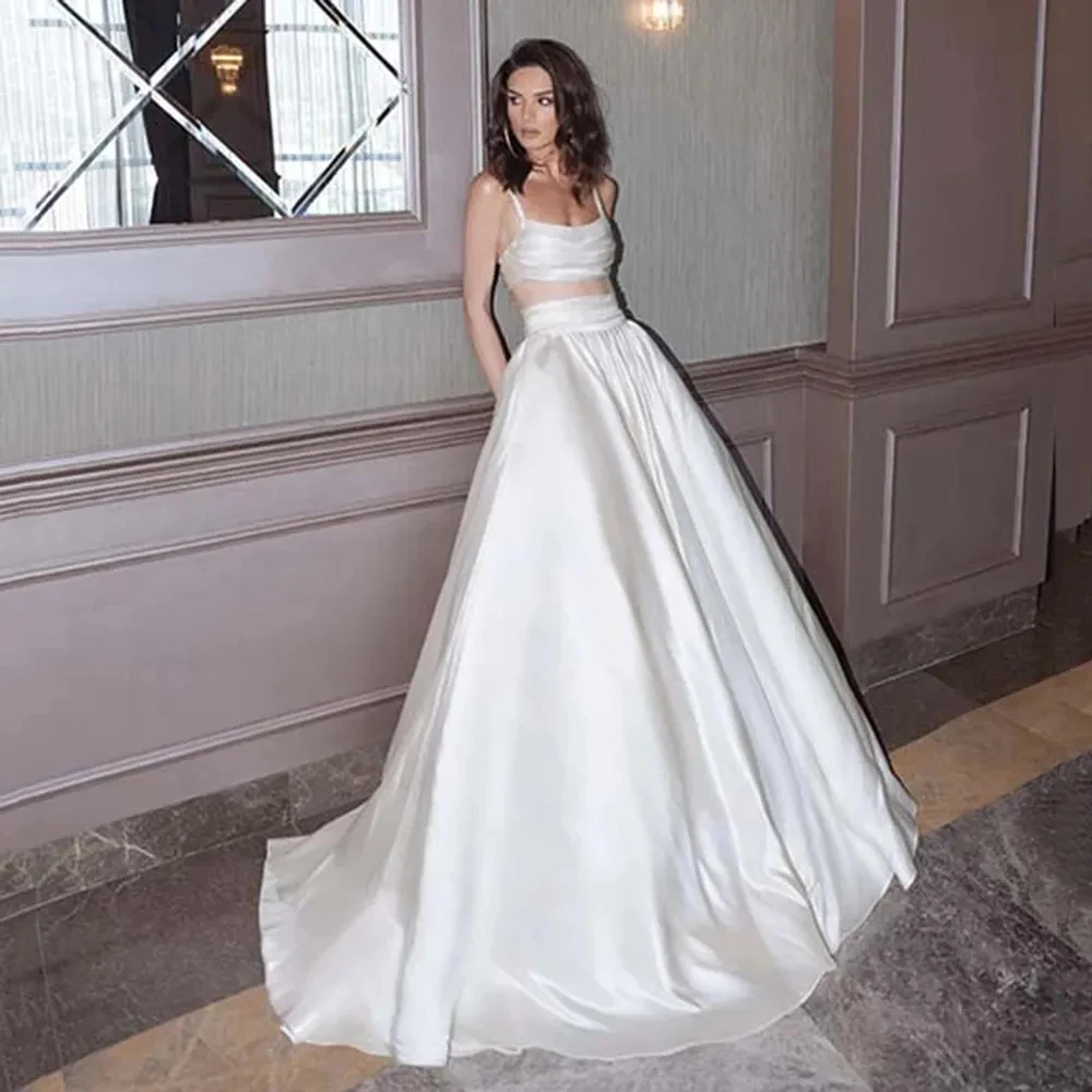 

Pretty Gorgeous Satin Wedding Dresses Elegant Off Shoulder Sleeveless Vintage Sexy Bareback Mopping White A Line Bride Gowns