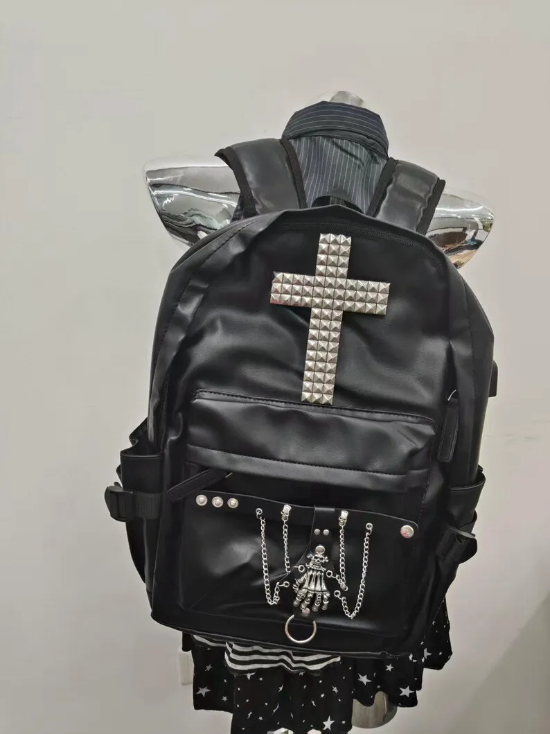 Gothic Punk Cross Stud Backpack Y2K Skeleton Hand Backpack Black Leather Large Capacity School Bag Harajuku Streetwear Daypack