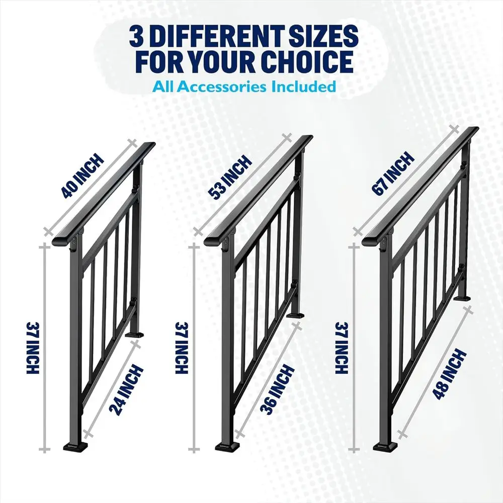 4 Steps Outdoor Handrails, Black Wrought Iron Railing for Exterior Steps, Transitional Balusters, Hook & Kit for Concrete or Woo