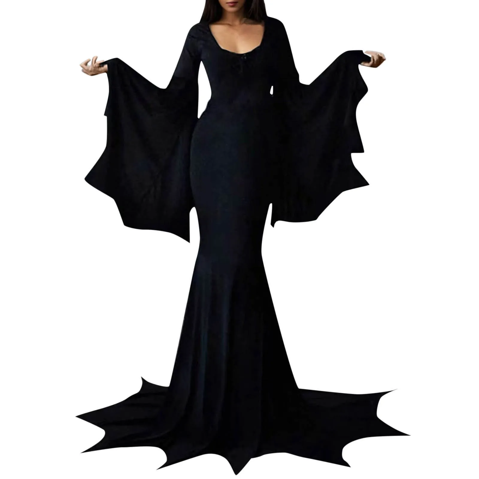 Witch Morticia Addams Dress Women Gothic V Neck Long Dress Long Batwing Sleeve Cosplay Costume Slim Fit Party Club Clothing