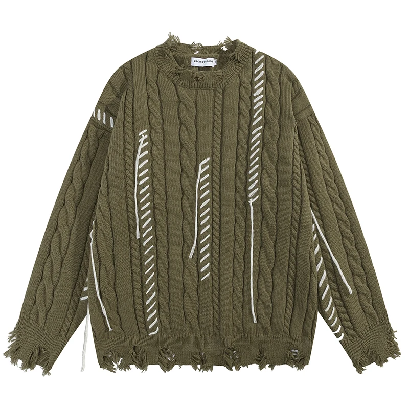 

Autumn Mens Knitted Jumper Sweaters Vintage Ripped Warm Pullovers 2025 Streetwear Harajuku Casual Loose Fit Knitwear Clothing