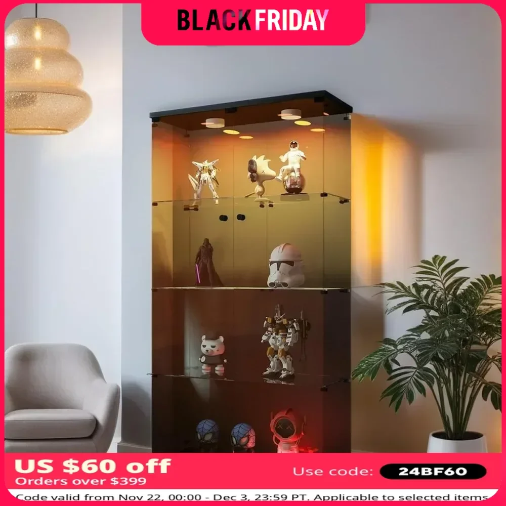 Glass Display Cabinet with Lights and Lock, Display Case  Cabinet with Glass Door, Floor Standing Showcase,Glass Display