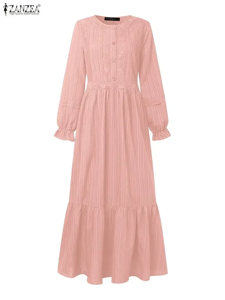 2026 ZANZEA Spring Lace Patchwork Dresses Autumn Muslim Abaya Dress Women O Neck Long Sleeve Pleated Sundress Ramadan Hijab Robe