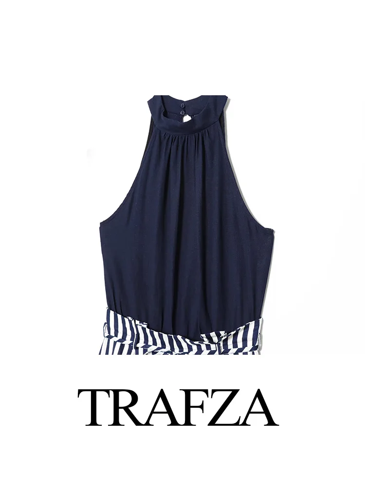 TRAFZA-mono a rayas sin mangas con decoración de cinturón y cuello redondo para mujer, mono con bolsillos en la espalda y cremallera hueca, moda de verano