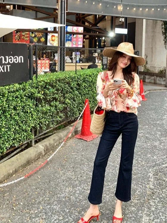 Korean Style Sexy Wide Leg Jeans High Waist Slimming Stretchy Comfortable Nine Point Women's Jeans Cotton Polyester Spandex