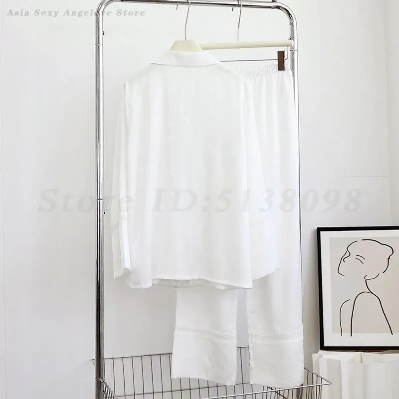 Damska jedwabista satynowa piżama 2-częściowa, elegancki komplet: długi rękaw, spodnie, luźny, casualowy strój domowy, odzież wypoczynkowa.