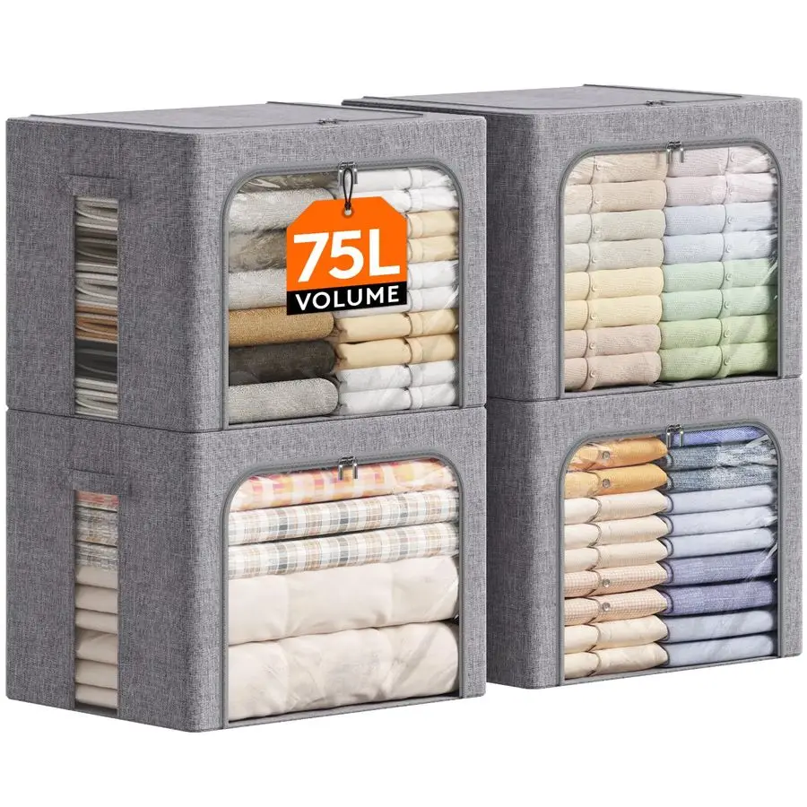 

75LClothes Storage Bins with Metal Frame, Stackable Storage Box, Foldable Clothing Storage Bins with Lids, Storage Bags Fabric B