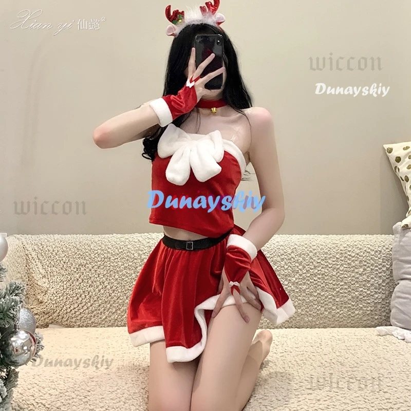 Natal feminino vestido papai noel traje floco de neve headwear luvas sexy vestido uniforme quente roupas de pelúcia trajes cosplay