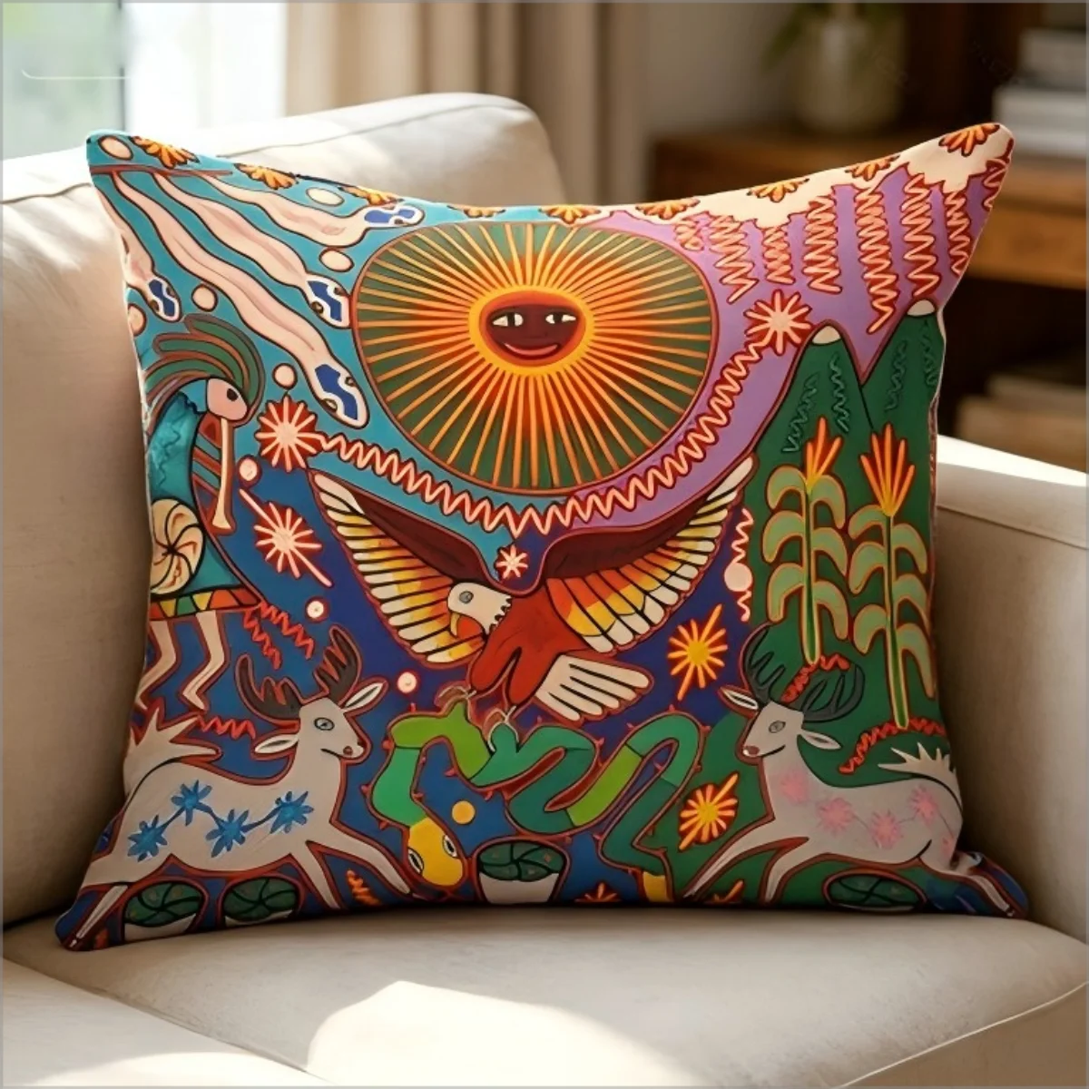 1pc Mexican Huichol Art Cushion Cover, Colorful Sun Eagle Deer Snake Print Throw Pillow Case, Boho Home Decor for Sofa Bedroom