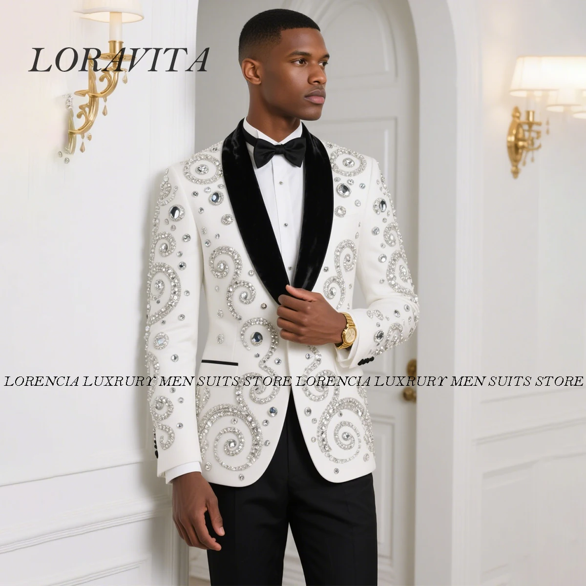 

Customized Sparkly Diamond Ornament Men Suit 2 Pieces Sets Groom Male Blazers Wedding Tuxedos Handsome Slim Fit Ropa hombre