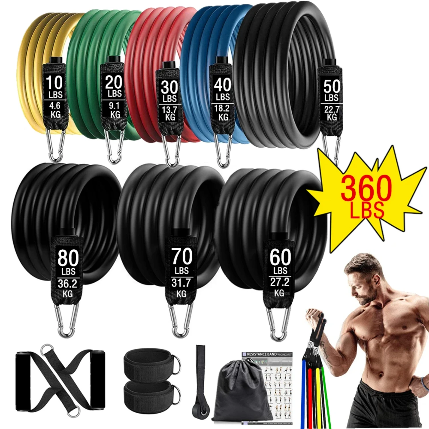 Juego de bandas de resistencia de alta calidad, tubos elásticos duraderos de 360 libras para entrenamientos intensos, nuevos y excelentes resultados de Fitness