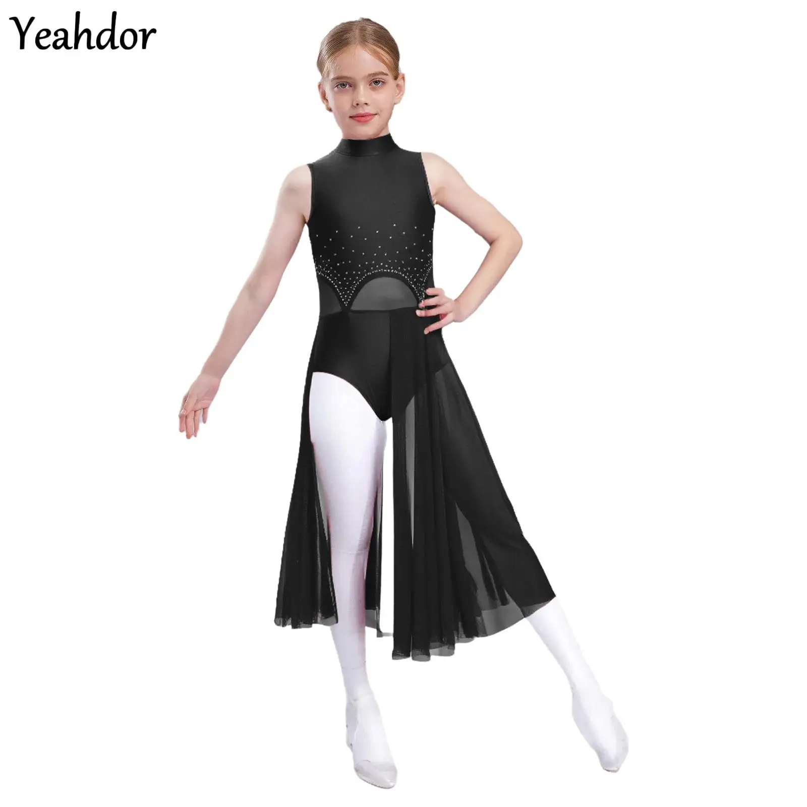 

Kids Girls Modern Lyrical Dance Dress Rhinestone Sleeveless Sheer Mesh Split Ballet Gymnastics Figure Skating Contemporary Dress