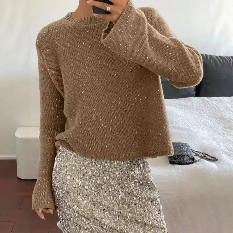 Women Crew Neck Sequin Knit Sweater Loose Lazy Style Soft Pullover Jumper Top For Autumn Winter