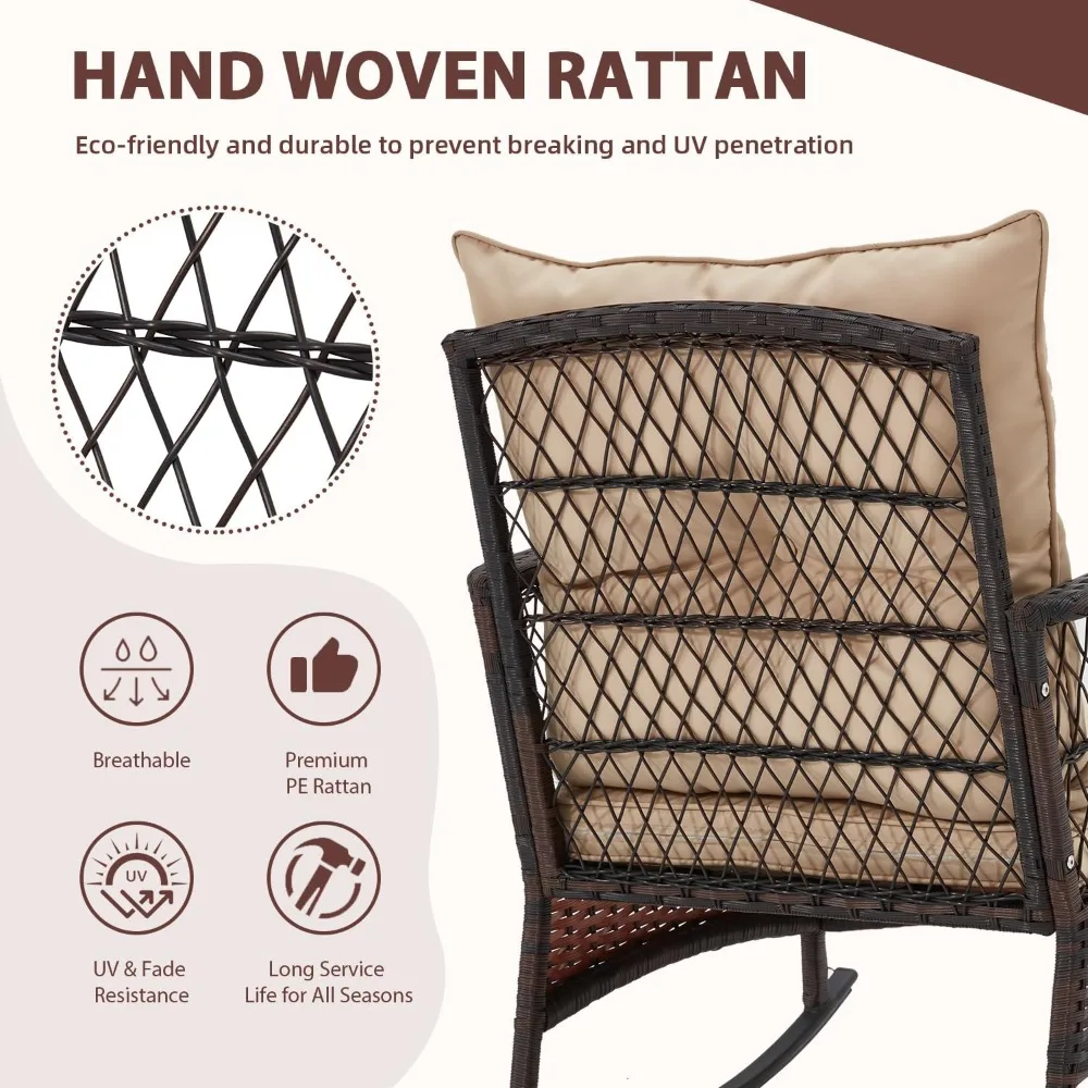 طقم فناء مكون من 3 قطع مع كراسي هزازة ووسائد سميكة وطاولة زجاجية لجانب حمام السباحة في الحديقة الخارجية