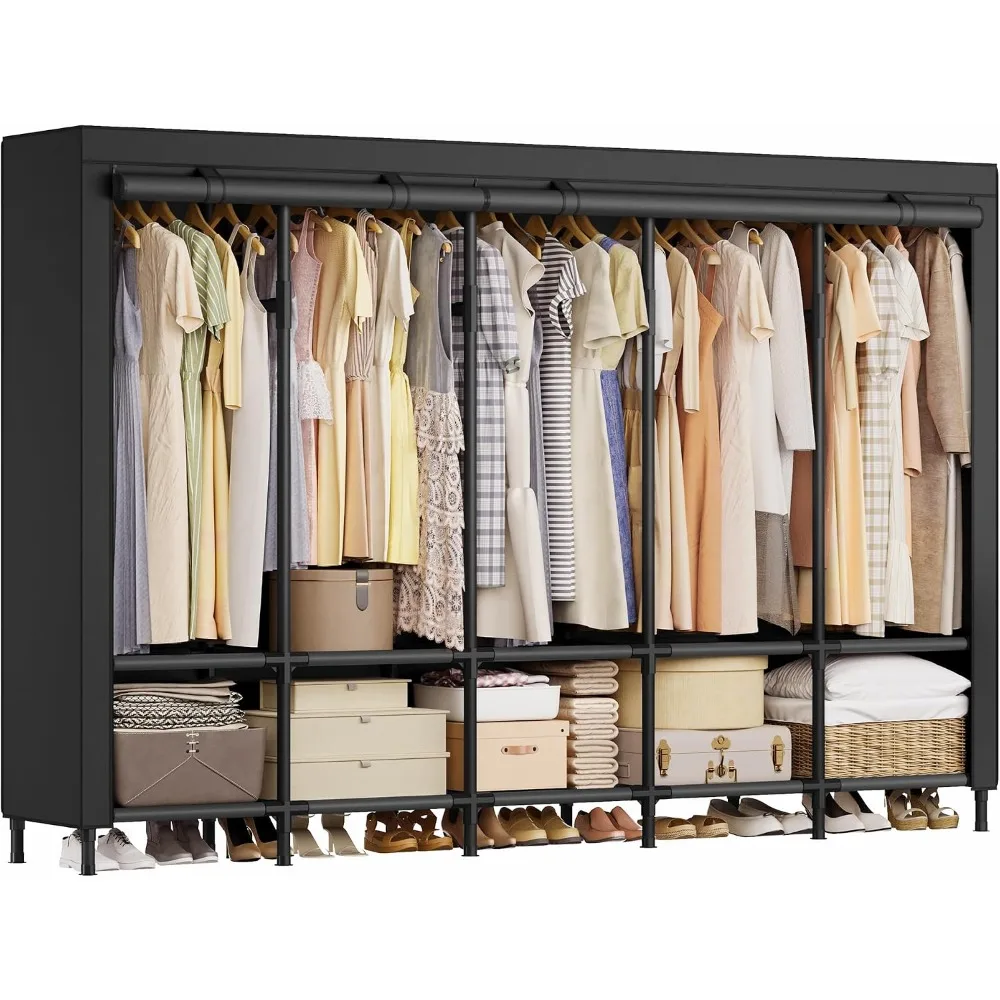 Heavy Duty Wardrobe Closet with 5 Hanging Rails and 10 Shelves for Bedroom Organization