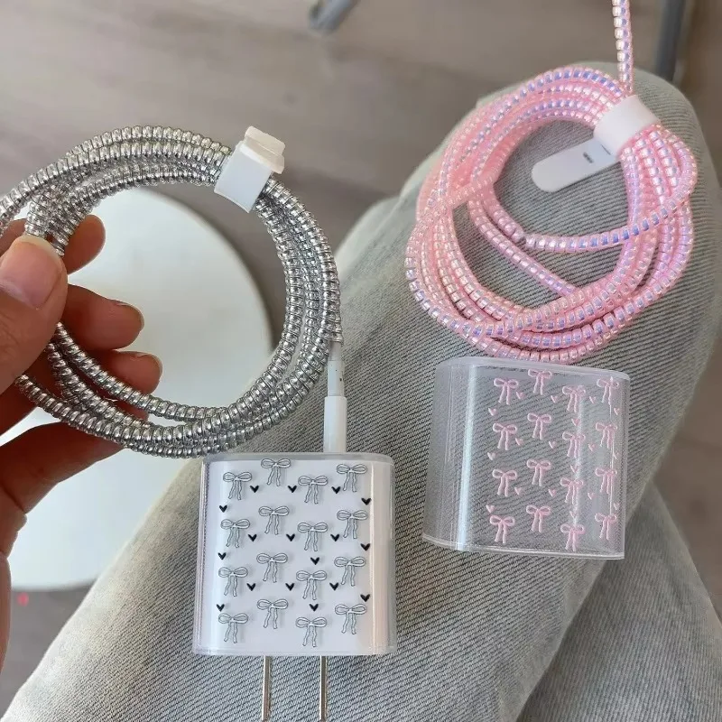 For IPhone IPad 18/20W Charger Case Protective Covers Transparent Cute Bowknot Korea INS Spiral Cable Winder Charger Protector