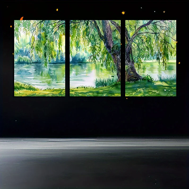 Canvas Wall Art Set of 3, Willow Tree Nature Scene, Frameless, Bedroom and Living Room Home Décor, Major Material: Canvas - 1