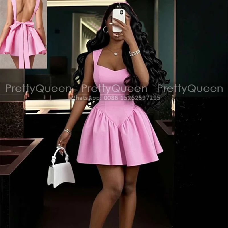 

Короткие платья подружки невесты трапециевидной формы с открытой спиной и квадратным вырезом на тонких бретельках, розовое атласное свадебное платье по индивидуальному заказу