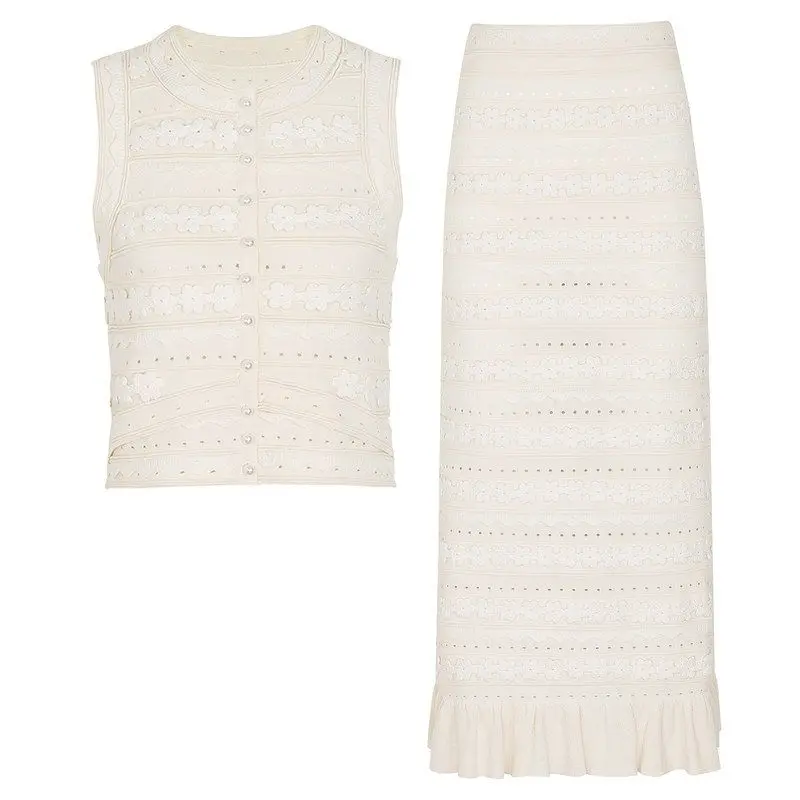 High-End Summer New Fashion Floral Knitted Vest Women's Half Skirt Two-Piece Set Bodycon Style Comfortable Breathable Clothing