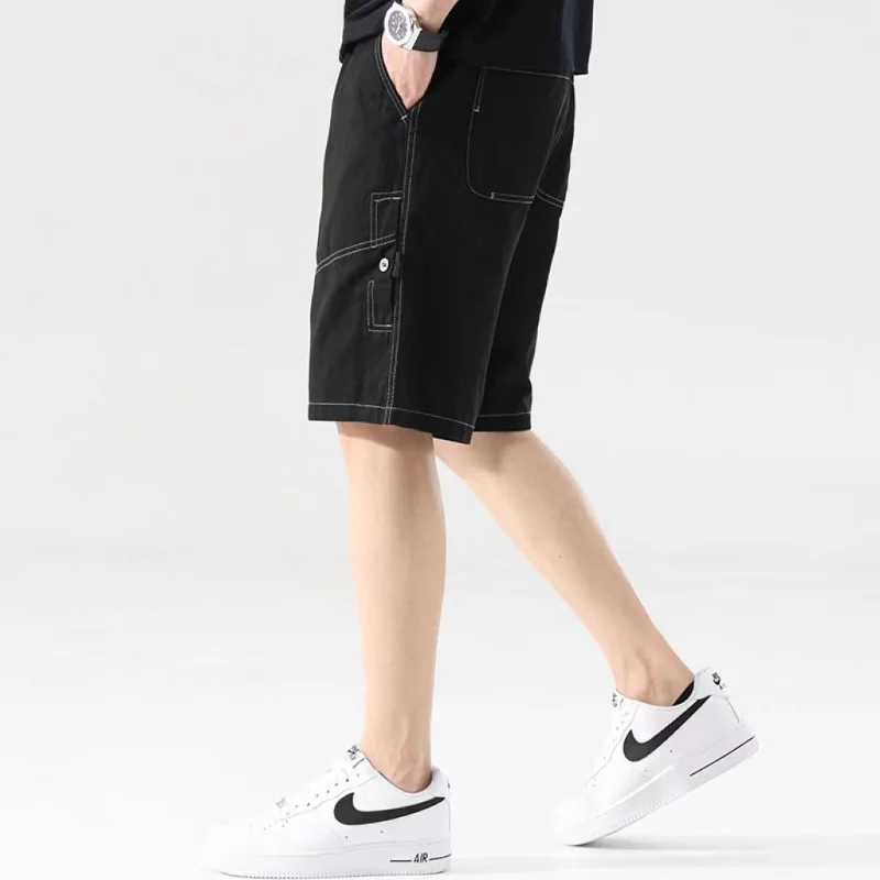 2023 Summer New Trend Men\'s Clothing Loose Oversized Fashion Casual Solid Color Straight Elastic Waist Drawstring Cargo Shorts