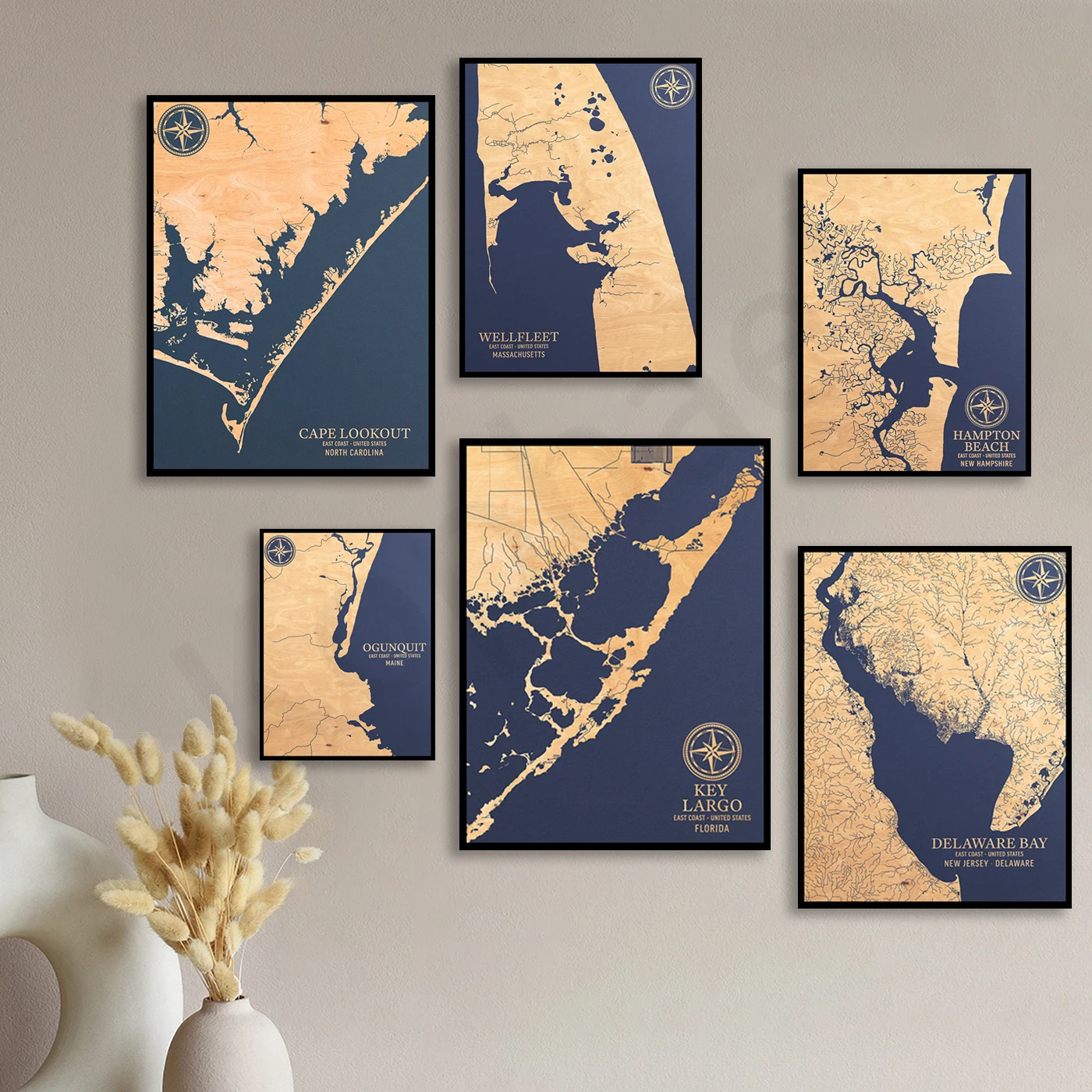 Matracha, Willapa Bay, Key Largo, Ogunquit, Delaware Bay, Hamptons, Wellfleet Harbor, Caplookaut. Cities Nautical Map Poster