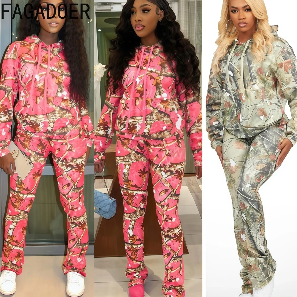 

FAGADOER Sexy Colorful Print 2 Pieces Set for Woman Outfits Drawstring Patchwork Hooded Crop Top and Pants Female Streetwear New