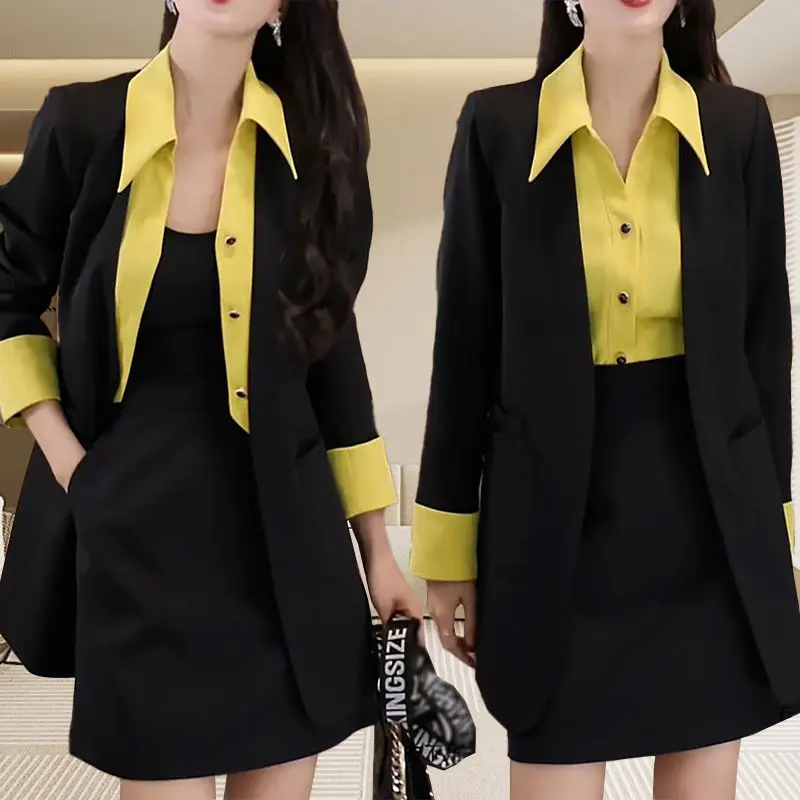 

High End Women's Suit Korean Version Spring and Autumn New Item Splicing Fake Two-piece Suit Jacket+skirt Two-piece Set