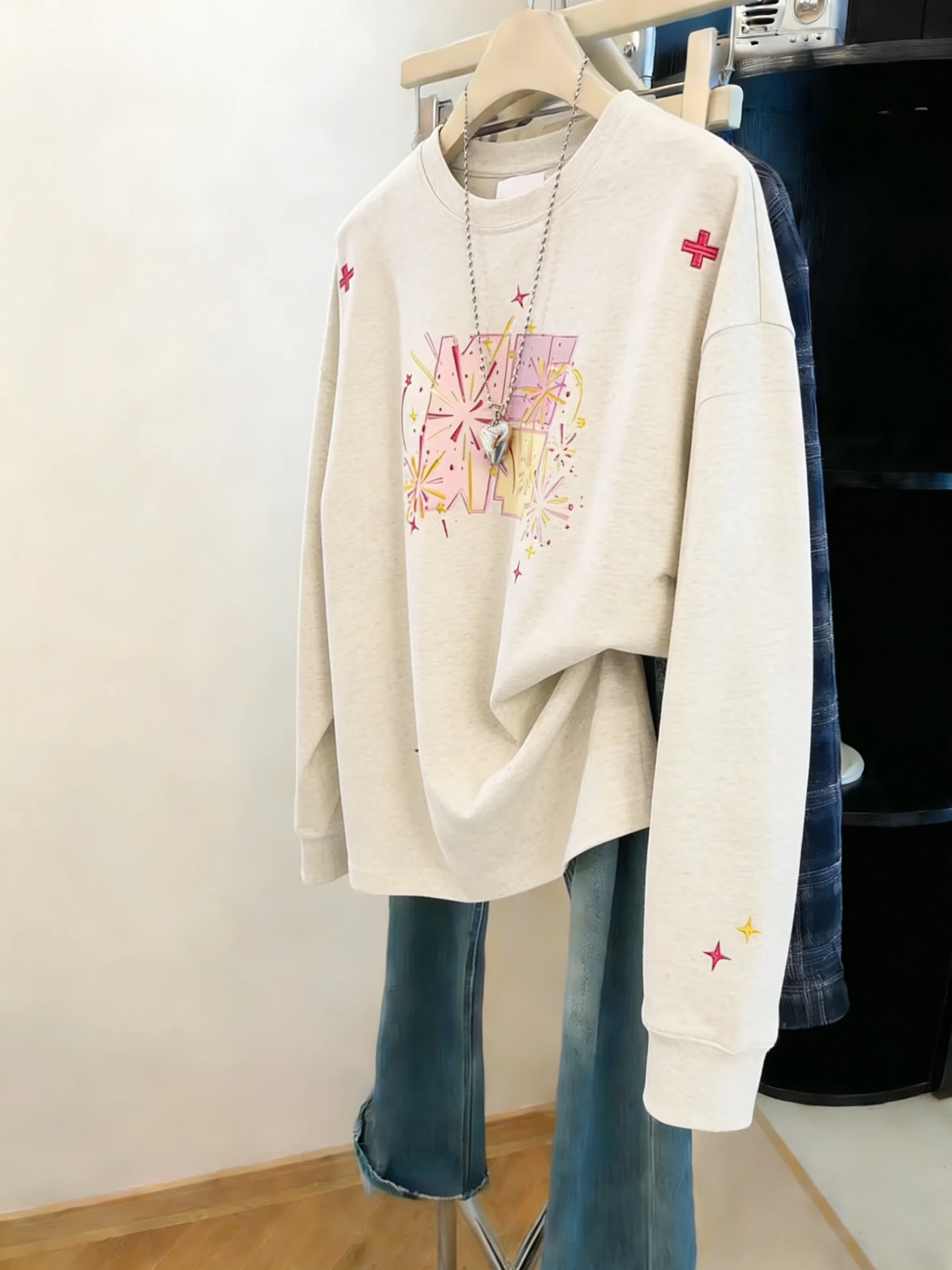 

Винтажный свитшот Ele с длинными рукавами и круглым вырезом, женский, весенне-осенний, свободный, стройнящий, удобный, повседневный, в уличном стиле