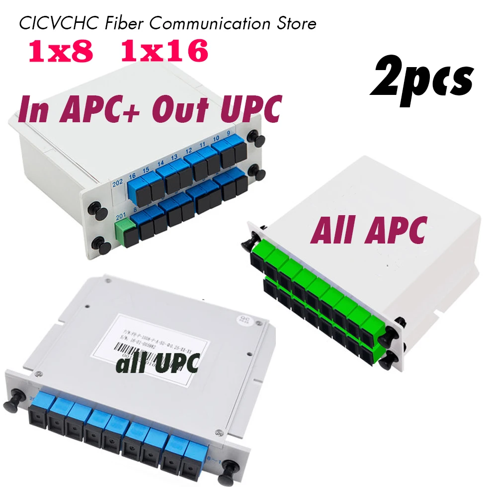 2pcs 1x8, 1x16 PLC Optical Splitter, Mini Plug-in Type, Single Mode Fiber, with SC Connector/Cassette Card Inserting