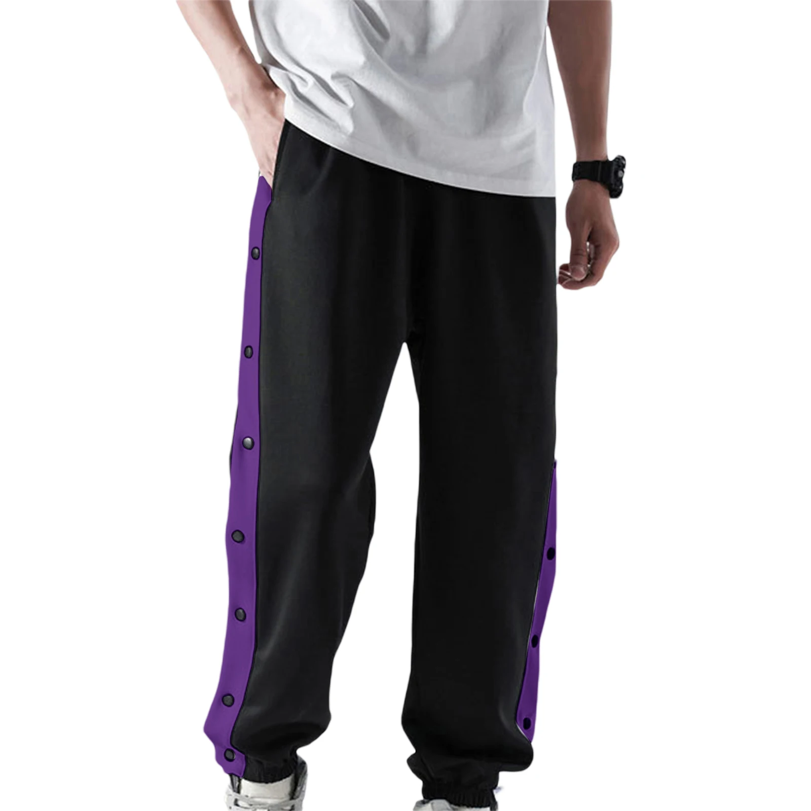 

Men's Tear Away Pants, Loose Fit Basketball Pants High Split Snap Button Sweatpants