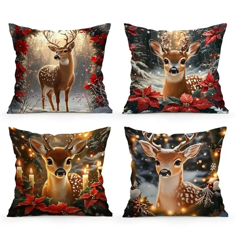 

Home Decor Deer With Poinsettia And Holiday Lights Pattern Cushion Covers For Sofa Bedroom Car Pillow Covers