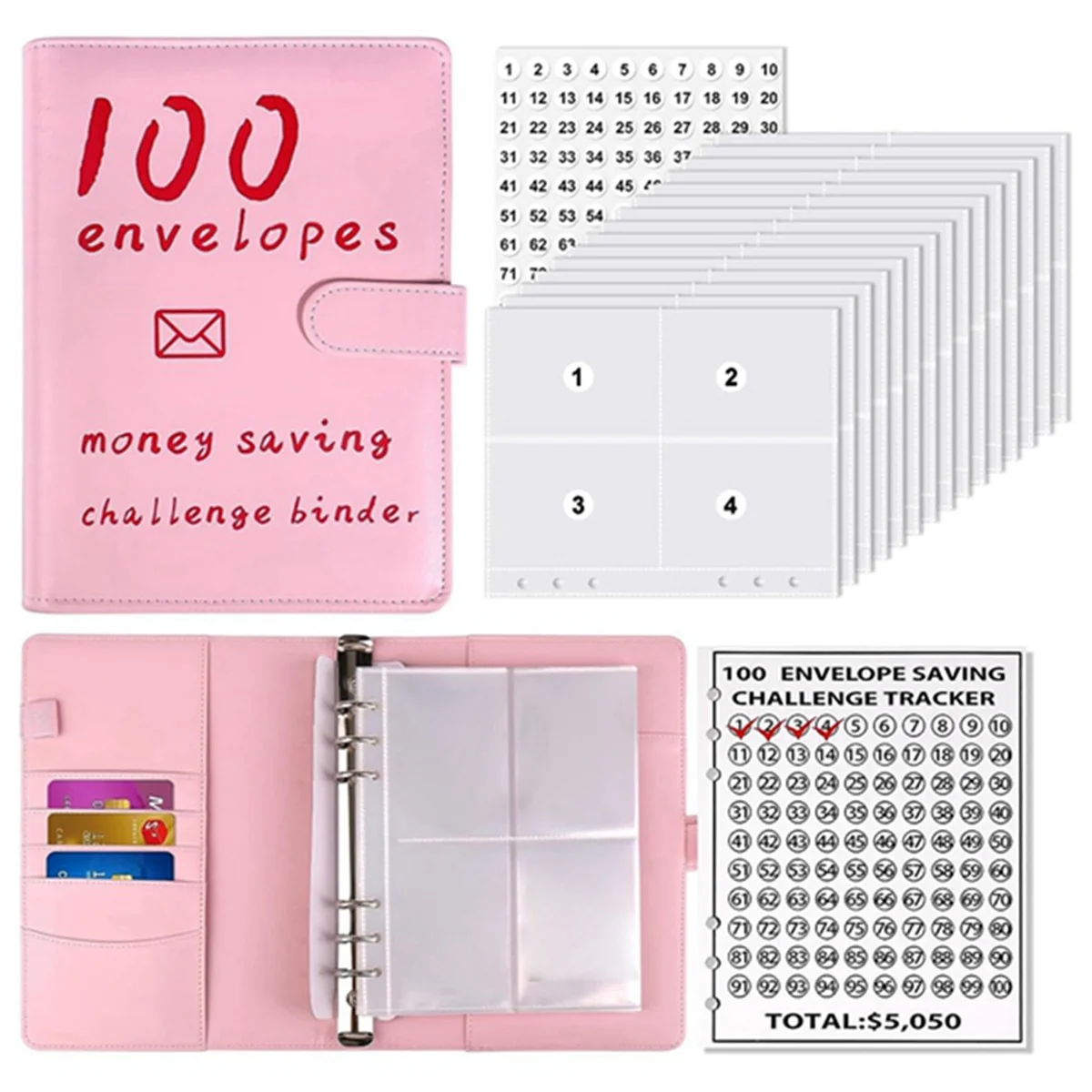 100 Envelopes Money Savings Challenges Book,Storage Budgeting Binder Budget Book Cash Saving Challenge Box Kit (Pink)