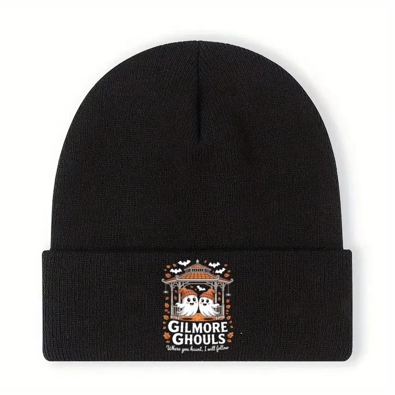 1pc Gilmore Ghouls Where You Haunt I Will Follow Halloween Boo Halloween Pattern, Printed Black Beanie, Windproof Warm